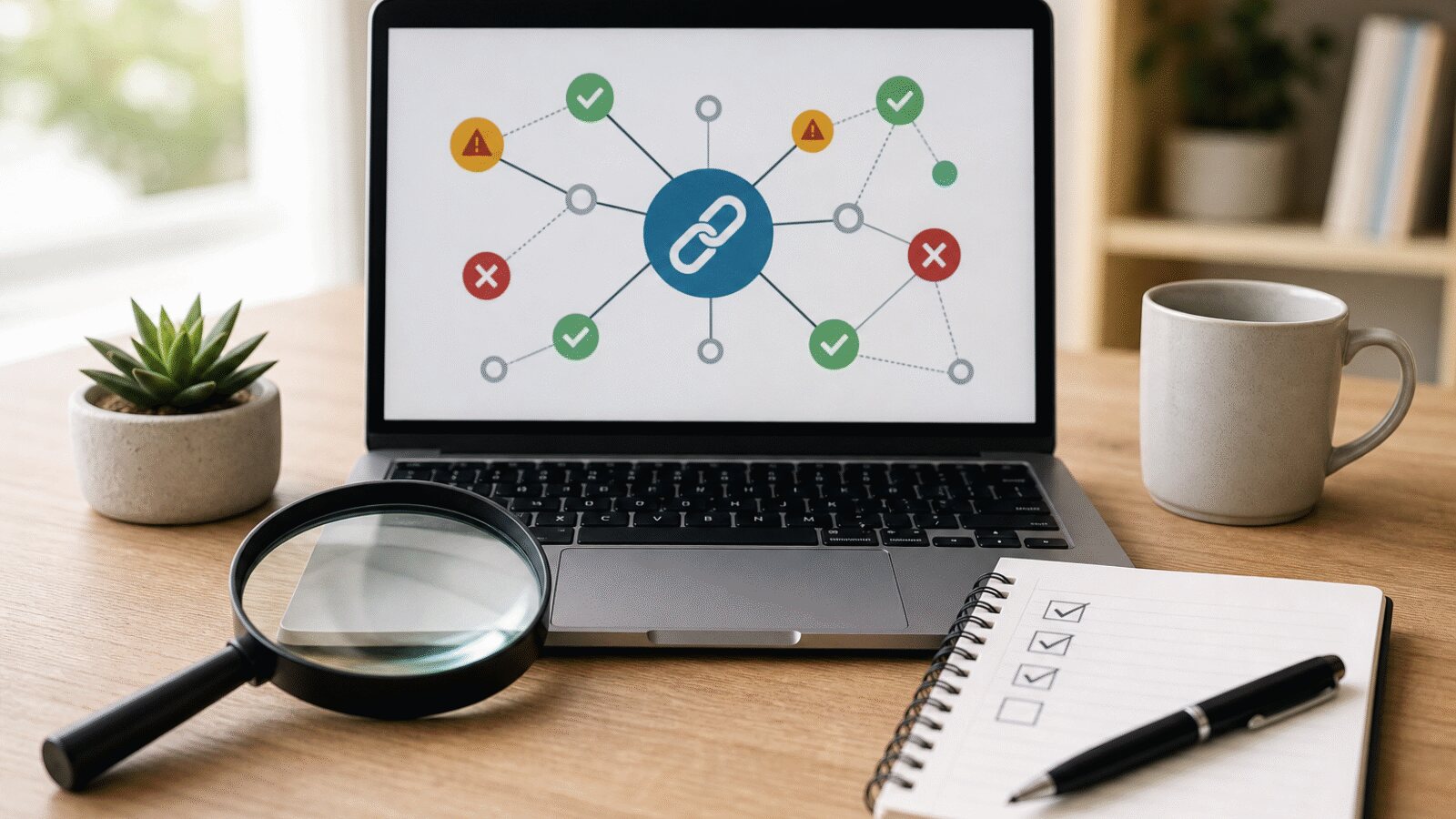 Reviewing a backlink network on a laptop screen