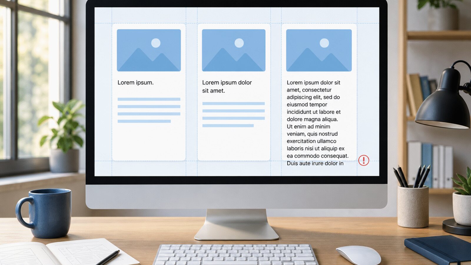 Three website cards showing short, typical, and overly long Lorem Ipsum content
