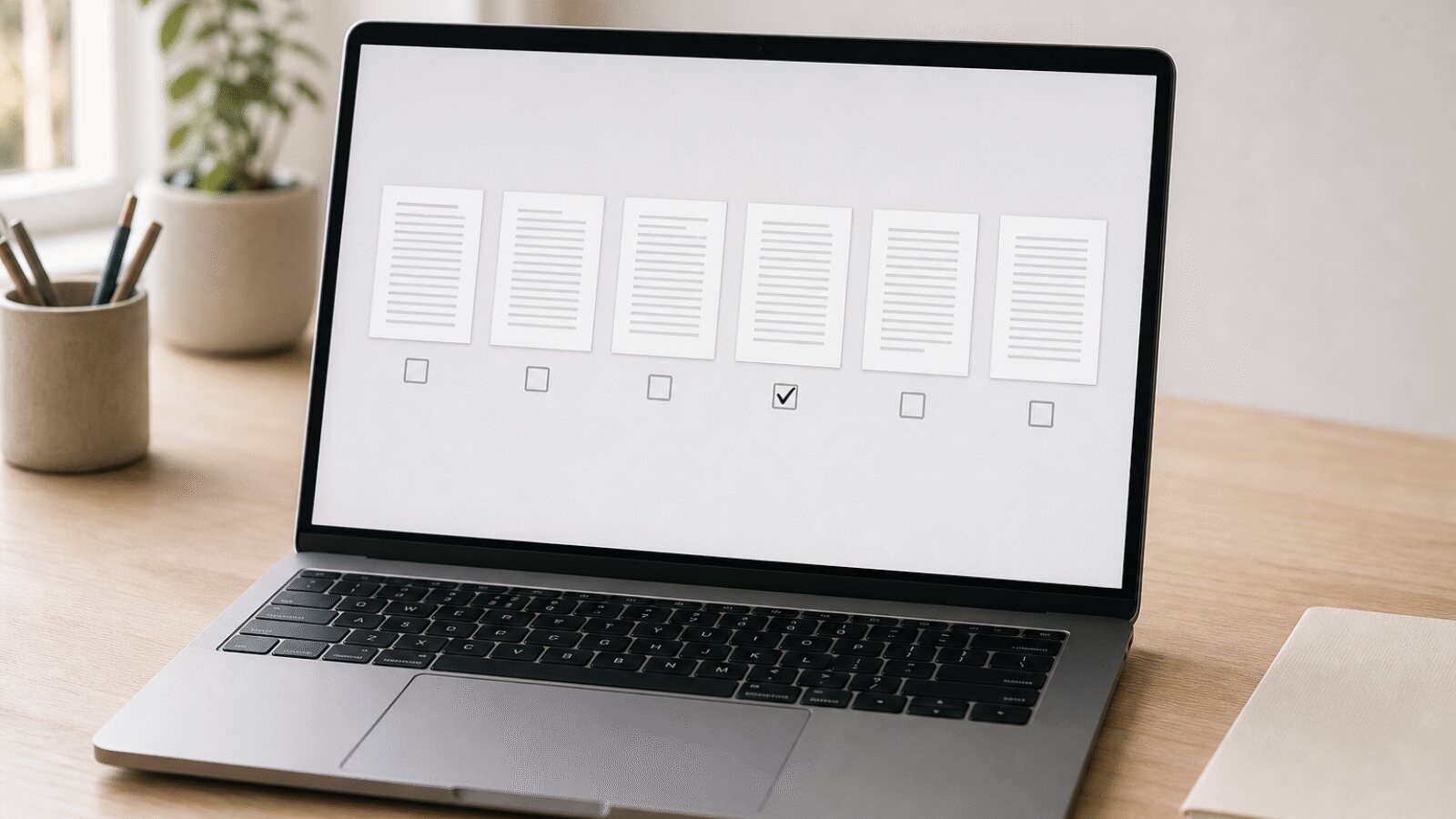 A laptop showing a row of document page previews with one page selected