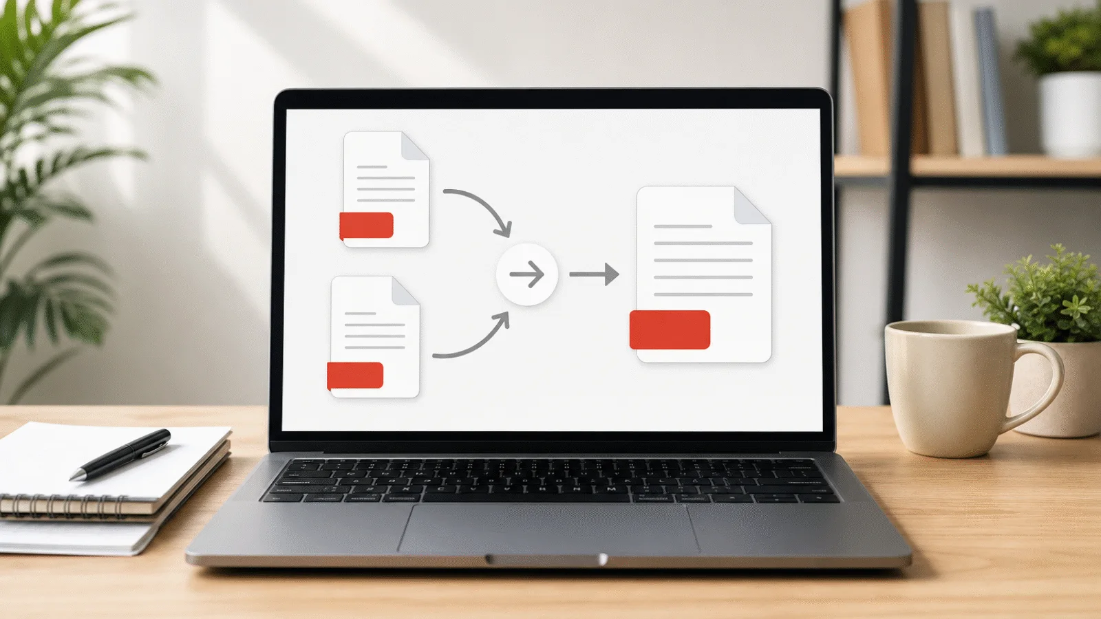 A laptop on a desk showing two documents joined by arrows into one