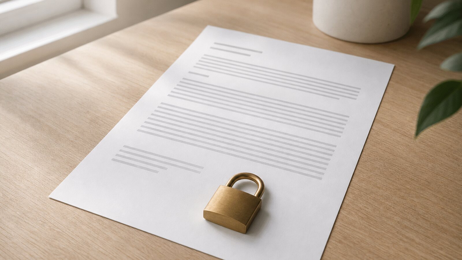 A document on a desk with a closed padlock resting on it