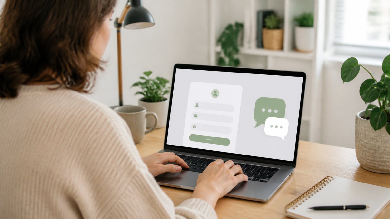 A woman creating an account for an AI assistant on a laptop at a bright desk