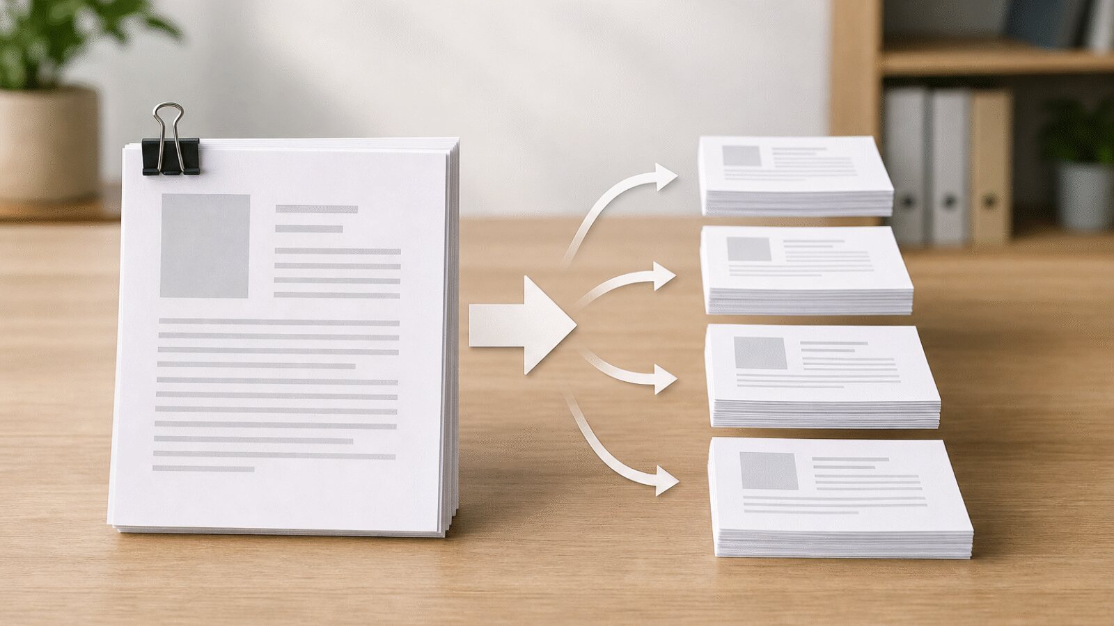 A stack of papers on a desk with arrows leading to four smaller separate piles of documents