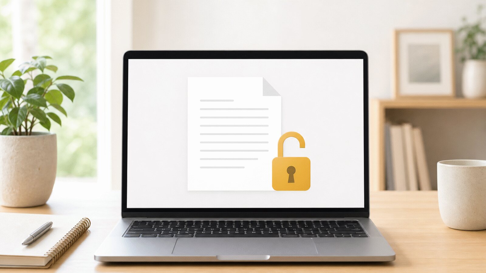 A laptop on a desk displaying a document with an open padlock